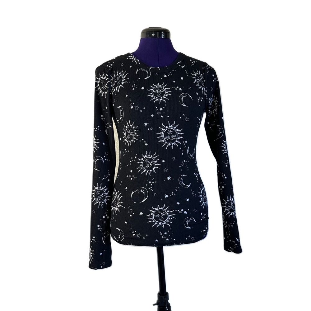 Black White Moon Sun and Stars Patterned Long Sleeve Top